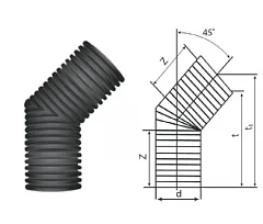 Отвод 45° гофрированный канализационный 190/160 пэ SN8/SN6